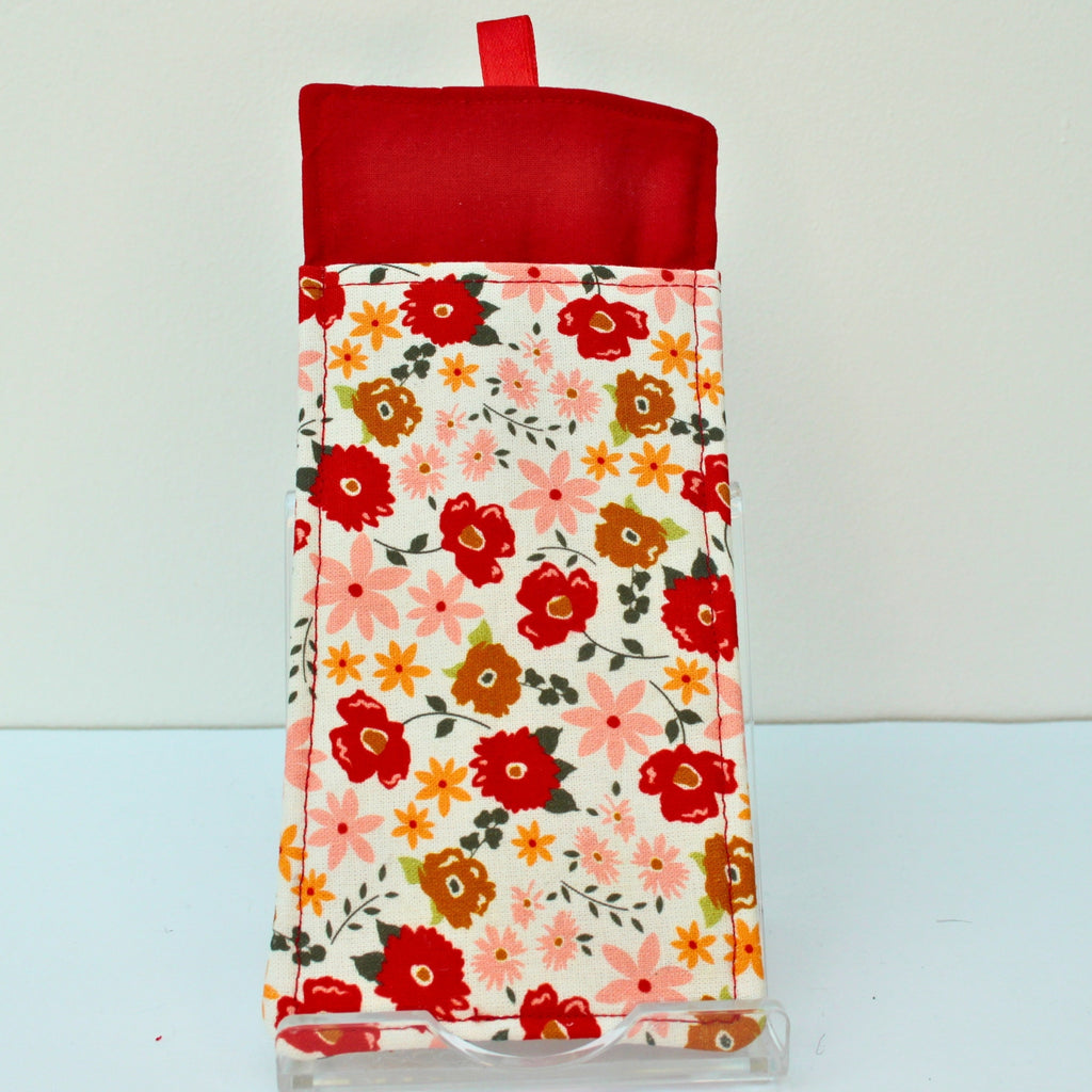 Handmade double sided lanyard pocket in multi-coloured floral on white fabric, red ribbon — Dark Star Stitches