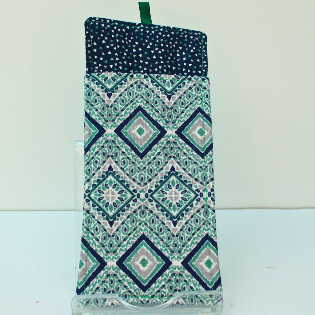 Handmade double sided lanyard pocket in green/blue/grey diamond and triangle pattern, dark blue inners — Dark Star Stitches
