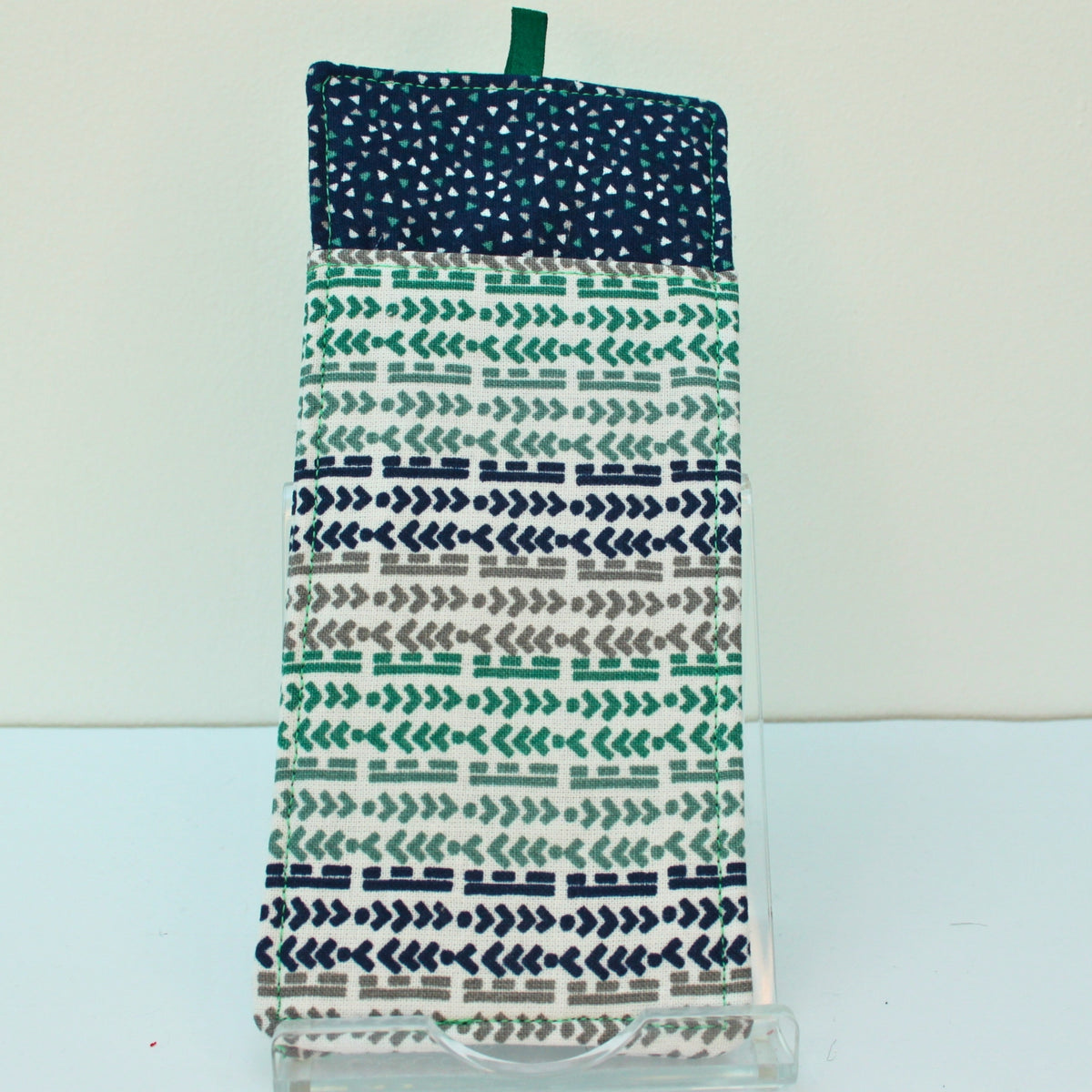 Handmade double sided lanyard pocket in green/blue/grey arrow and line pattern, dark blue inners — Dark Star Stitches