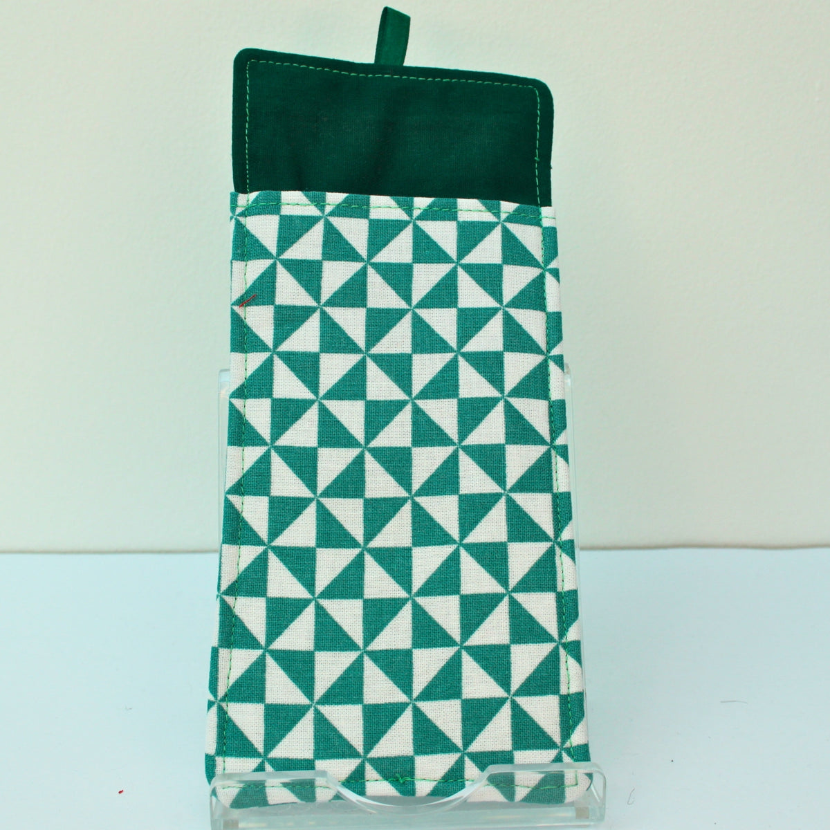 Handmade double sided lanyard pocket in green and white triangles fabric, dark green ribbon — Dark Star Stitches