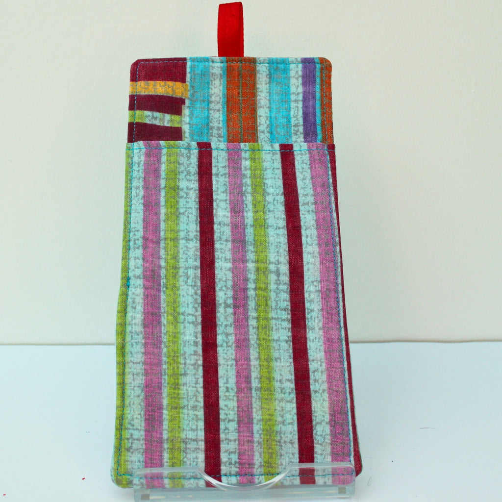 Handmade double sided lanyard pocket in multi-coloured stripes fabric, red ribbon — Dark Star Stitches