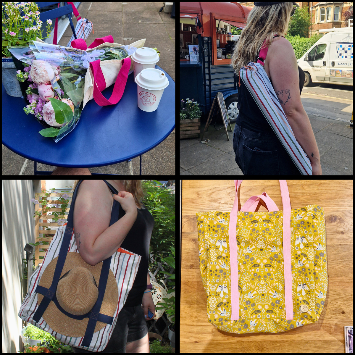 Collage of handmade fabric tote bags in use — striped bag carried over shoulder outdoors, yellow floral tote on wooden table, and fabric bouquet bag with flowers and coffee — Dark Star Stitches Hold My Things collection