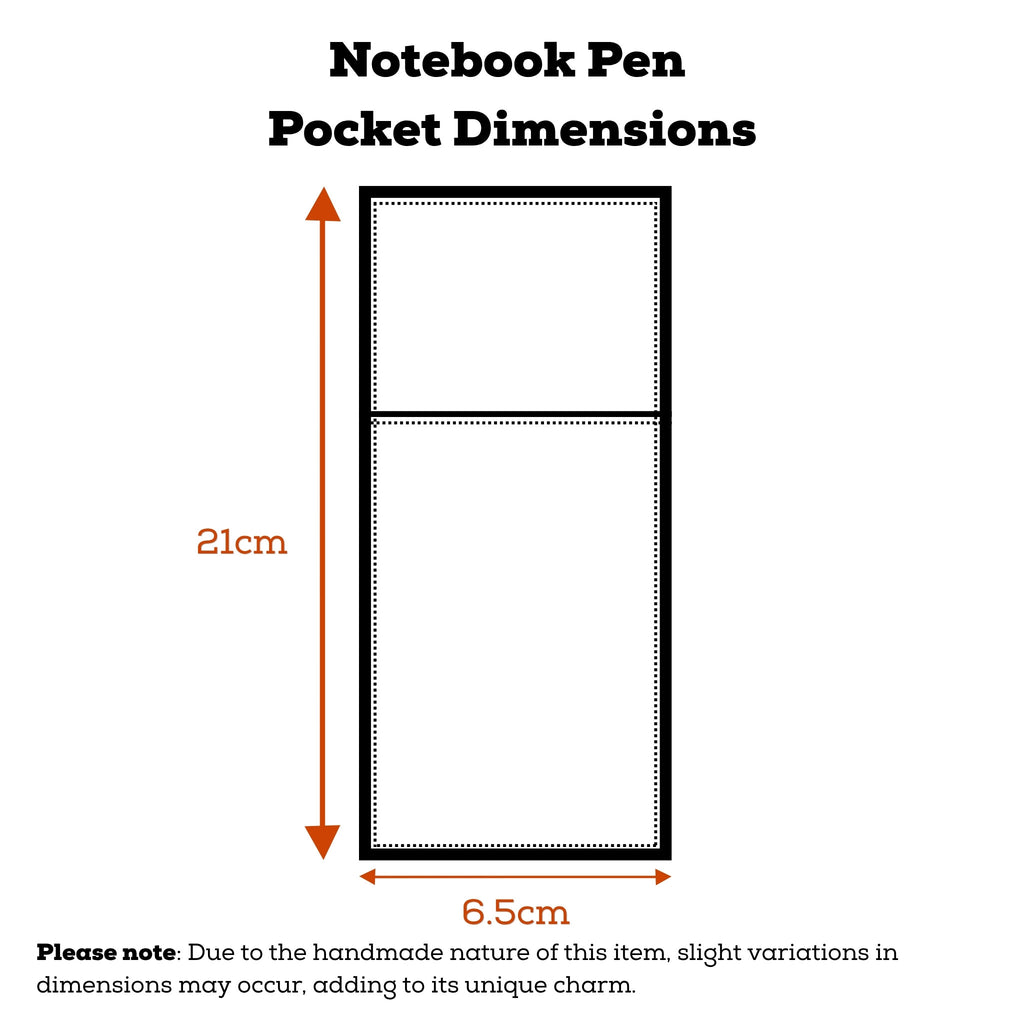 Dimensions guide for handmade A4 fabric notebook pen pocket — Dark Star Stitches