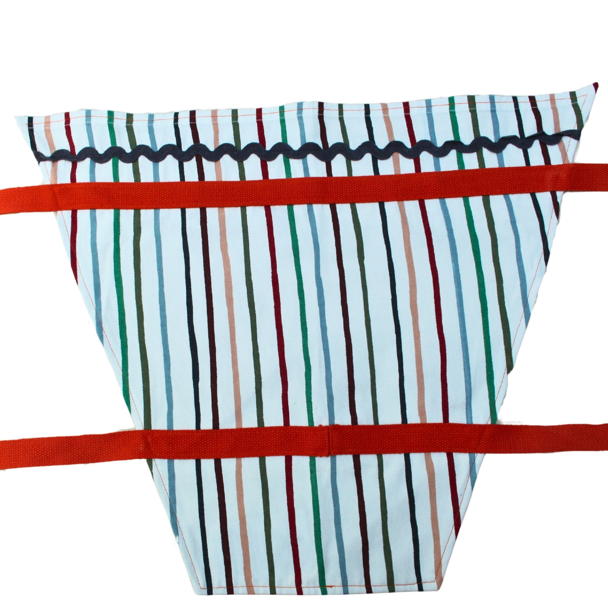 Outer pocket open on handmade fabric bouquet bag in multi-coloured stripes with fixed orange strap — Dark Star Stitches