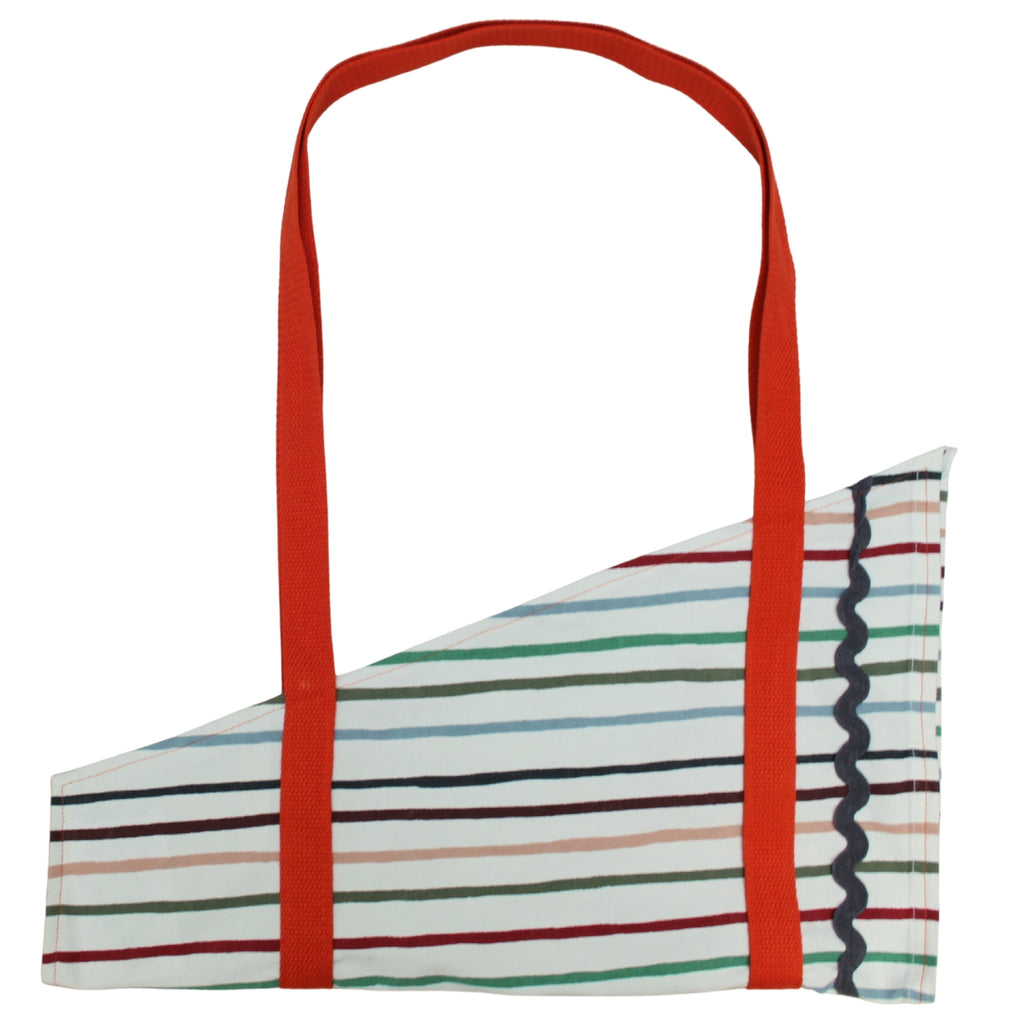 Handmade fabric bouquet bag in multi-coloured stripes with fixed orange strap — Dark Star Stitches