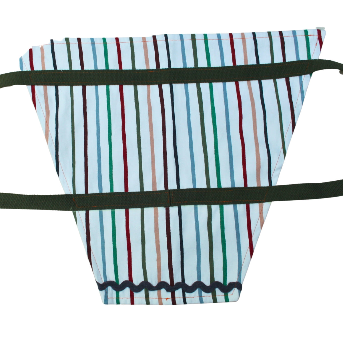Outer pocket open on handmade fabric bouquet bag in multi-coloured stripes with fixed khaki strap — Dark Star Stitches