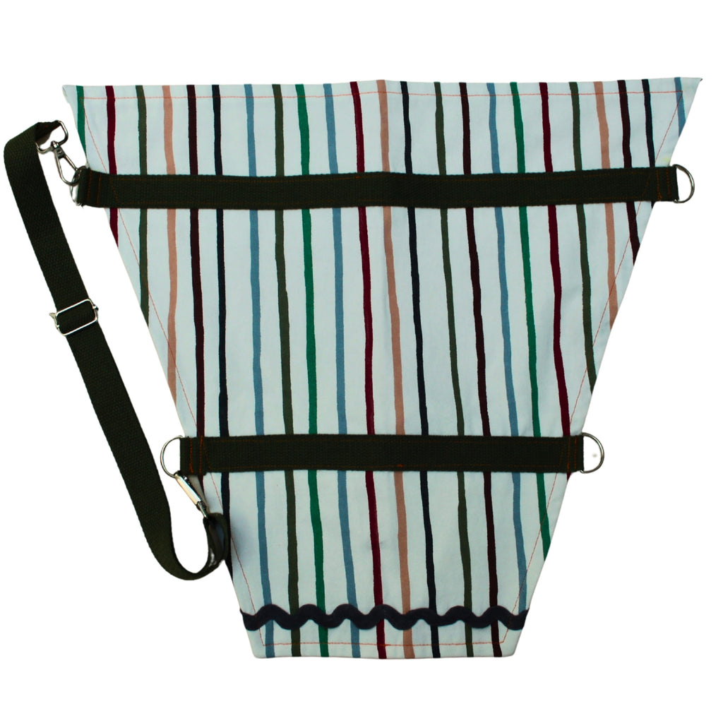 Outer pocket open on handmade fabric bouquet bag in multi-coloured stripes with adjustable khaki strap — Dark Star Stitches