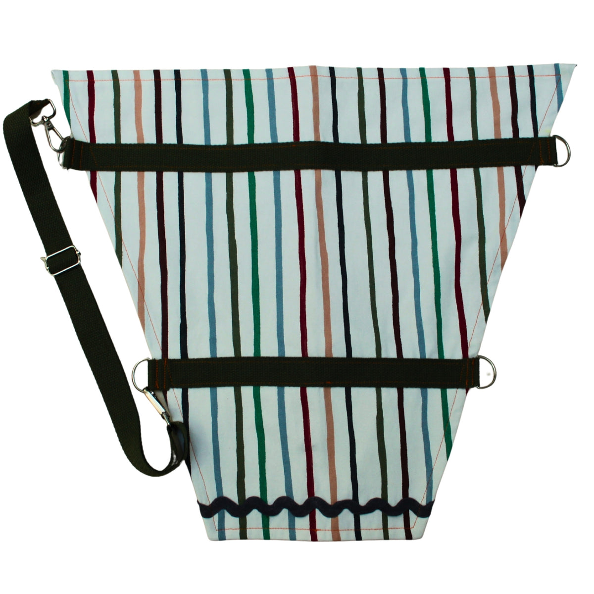 Outer pocket open on handmade fabric bouquet bag in multi-coloured stripes with adjustable khaki strap — Dark Star Stitches