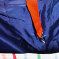 Blue lining inside handmade fabric tote bag with hat holder in multi-colour stripes — Dark Star Stitches